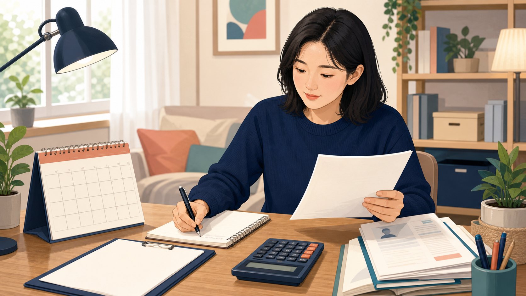 실업급여 계산 전 고용 이력과 일정을 확인하는 구직자 일러스트