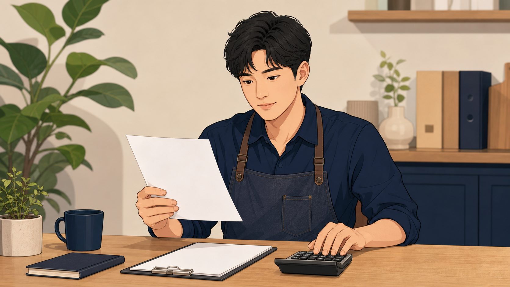 공급가액과 부가세 포함 금액을 확인하기 위해 계산기와 서류를 살펴보는 소상공인 일러스트