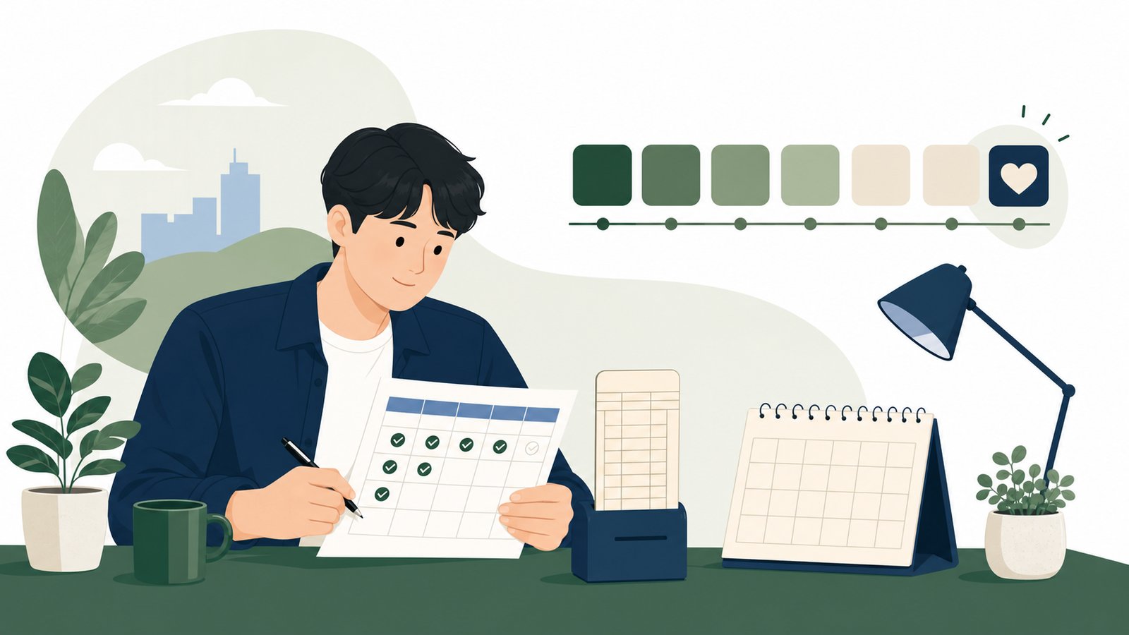 주간 근무기록과 출근 체크를 확인하는 직장인 일러스트